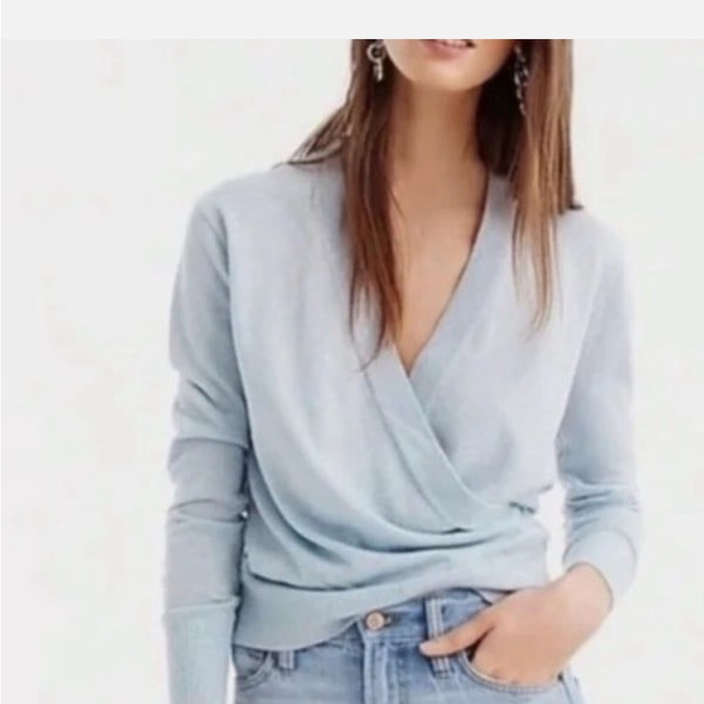 J. Crew Shimmering
Light Blue Lurex Wrap Wool
Blend Sweater NWOT